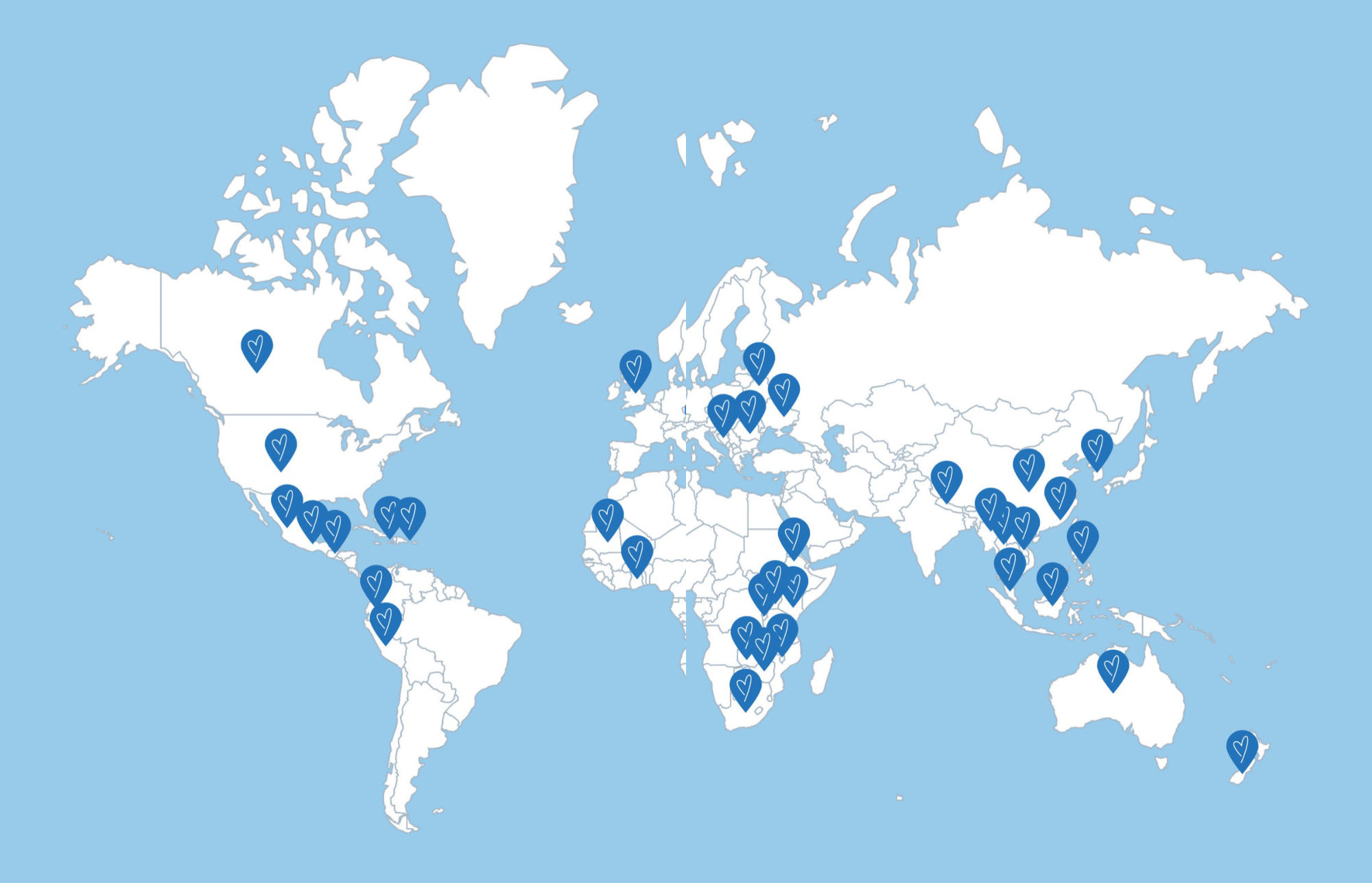 World map with a pin in every country the USANA Foundation has served
