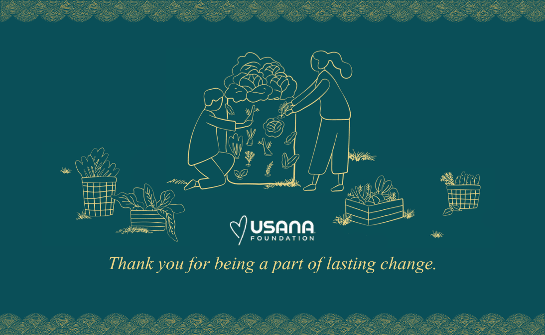 Two people tending a Garden Tower, with the words: Thank you for being a part of lasting change.