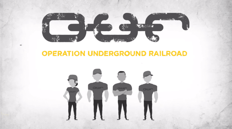 logo for Operation Underground Railroad with four animated figures of tough-looking rescuers